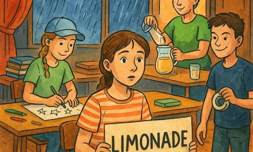Een 12-jarig meisje, verrast maar rustig, halflang kastanjebruin haar in staart, gestreept T-shirt en spijkerbroek, zit op een stoel met een groot kartonnen bord "Limonade" met een pijl, naast een tafel vol stiften en linten; links Noor, 12, lichte pet, blond in vlecht, glimlachend tekent sterren; rechts Sam, 12, kort bruin haar, guitig gezicht, houdt plakband en staat klaar om een bord op te hangen; Tessa, vrouw van in de veertig met kort grijsblauw haar en felgroen T-shirt, schenkt limonade uit een karaf op een tafel achter de kinderen bij een deur; in de grote dorpszaal: glanzend houten vloer, lange tafels met gekleurd karton en stapels boekendozen, klein podium met rood gordijn, grote ramen waar regen in zilveren strepen valt; sfeer: kinderen maken borden en een limonadetafel binnen tijdens een onweersbui, warme oranje binnenverlichting contrasteert met blauwe en grijze regenachtige tonen buiten.