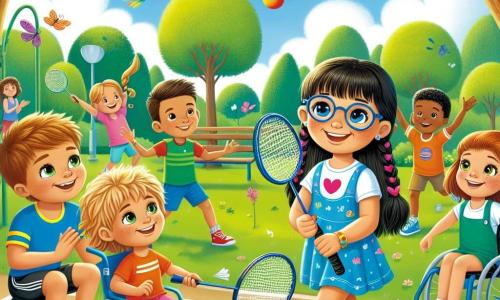 În centrul imaginii, Ana, o fetiță de 8 ani cu părul brunet și ochelari, zâmbește ținând o rachetă de badminton. În dreapta ei, Luca, un băiat de 9 ani cu părul blond și ochi strălucitori, se pregătește să lovească mingea cu entuziasm. În stânga, Maria, o fetiță de 7 ani cu împletituri negre, aplaudă cu bucurie, în timp ce Andrei, un băiat de 10 ani în scaun cu rotile, îi încurajează cu un zâmbet larg. În fundal, Radu, un băiat de 8 ani cu părul castaniu, îi observă cu admirație, pregătit să se alăture jocului. Decorul are loc într-un parc verde, plin de copaci impunători și o iarbă bine întreținută. Cerul este de un albastru strălucitor, presărat cu câteva nori albi pufoși, iar soarele strălucește, creând o atmosferă veselă. Scena principală arată copiii în mijlocul unui meci de badminton, cu mingea zburând prin aer, în timp ce Ana și Luca se pregătesc să joace împreună, ilustând spiritul de camaraderie și plăcerea sportului.