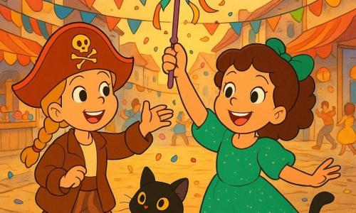 Tres personajes: Lucía, niña con cabello castaño rizado sujeto por un lazo verde, vestida de hada en verde brillante con pequeñas lentejuelas, en el centro sonriendo y levantando un bastón decorado con cintas y cascabeles; Marta, niña con trenza rubia y sombrero de pirata rojo con un pequeño cráneo dorado, a la izquierda añadiendo una pluma al bastón; y Suerte, un pequeño gato negro de pelaje lustroso con un lacito dorado, colándose a la derecha entre las piernas y jugando con las cintas. Lugar: plaza empedrada de un pueblo medieval decorada para carnaval con guirnaldas multicolores, banderolas rojas, amarillas y azules, puestos de madera y farolillos, con el suelo reflejando la luz dorada del atardecer. Situación: las niñas participan en el desfile de carnaval agitando un bastón mágico que hace sonar cascabeles, las cintas vuelan, cae confeti y los transeúntes sonríen y bailan al fondo; estilo visual de colores saturados, trazos suaves y redondeados, atmósfera alegre y vibrante, composición centrada en las niñas y el gato.