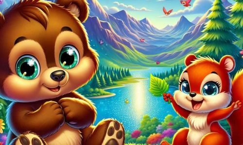 En el centro de la imagen, un pequeño oso marrón llamado Osito, con un pelaje suave y ojos brillantes de emoción, está sentado sobre un lecho de flores coloridas, mirando con asombro un lago brillante. Sonríe ampliamente, con sus pequeñas patas levantadas, como si estuviera listo para lanzarse a una nueva aventura. A su derecha, una pequeña ardilla llamada Chispa, con un pelaje rojizo y una cola esponjosa, salta de alegría, sus ojos chispeantes de felicidad. Sostiene una pequeña hoja en forma de bandera, como para animar a Osito en su exploración. En el fondo, el paisaje es un hermoso valle verde, rodeado de majestuosas montañas bajo un cielo azul brillante, salpicado de nubes blancas y esponjosas. Los árboles de colores vivos, las flores brillantes y los pájaros coloridos vuelan en el aire, añadiendo un toque de magia a la escena. La situación principal muestra a Osito y Chispa descubriendo juntos el misterioso Eco Mágico a la orilla del lago, donde las olas brillantes parecen susurrar historias antiguas, llenando el aire de una atmósfera de aventura y curiosidad.