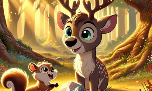 A young reindeer named Finn, with sparkling curious eyes and delicately adorned antlers, stands at the center of the scene, his expression full of wonder as he discovers the magnificent shining stone, the Stone of Wisdom. Next to him, Piper, a small squirrel with golden-brown fur and a fluffy tail, joyfully hops, her eyes wide with excitement as she points to the stone with a paw. The setting is the sunlit clearing of the Whispering Woods, where golden light filters through the leaves of majestic trees, illuminating the ground covered with colorful wildflowers and shimmering leaves. In the background, ancient trees rise, their gnarled trunks and extended branches creating a magical and welcoming atmosphere. The scene captures the moment when Finn and Piper, in awe, contemplate the Stone of Wisdom, a symbol of their adventure, surrounded by the vibrant beauty of nature, ready to discover the lessons that life has to offer.