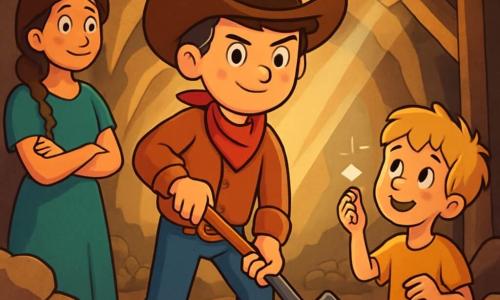 Ein junger Mann, Jakob, steht im Mittelpunkt der Szene, trägt einen breiten Cowboyhut und abgetragene Lederstiefel. Sein Gesicht zeigt Entschlossenheit, seine Augen leuchten mutig, und er hält eine Schaufel in den Händen, bereit, seinen Freunden zu helfen. Rechts von ihm steht ein etwa zehnjähriger Junge mit zerzausten blonden Haaren und einem schüchternen Lächeln, der Jakob bewundernd ansieht und einen kleinen glänzenden Stein in der Hand hält. Links steht eine Frau in den Dreißigern mit langen geflochtenen braunen Haaren, die ein einfaches Kleid trägt und die Szene hoffnungsvoll mit verschränkten Armen betrachtet. Der Ort ist eine Bergmine mit dunklen Erdwänden und Holzträgern, die die Decke stützen. Lichtstrahlen filtern durch Ritzen und beleuchten den Staub in der Luft. Im Hintergrund sind Steinhaufen und verstreute Werkzeuge zu sehen. Die Hauptsituation zeigt Jakob, der gräbt, um einen blockierten Durchgang freizulegen, während die anderen hoffnungsvoll zuschauen, bereit zu helfen. Die Atmosphäre ist sowohl angespannt als auch hoffnungsvoll, mit sanftem Licht, das Jakobs Mut und die Einheit der Arbeiter beleuchtet.