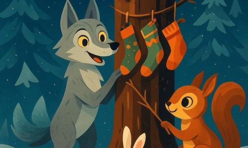 Un pequeño lobo llamado Luki, con ojos brillantes como luciérnagas y pelaje gris plateado, está alegremente frente a un viejo tronco de árbol nevado, colgando calcetines coloridos. A su lado, una ardilla traviesa llamada Pina, con una cola tupida y ojos chispeantes, ata ramitas para asegurar los calcetines. Dos conejos curiosos, con orejas erguidas y pelajes blancos como la nieve, observan la escena con asombro, parados a unos pasos detrás de Luki. El escenario es un claro nevado, rodeado de altos abetos cubiertos de nieve brillante, con un cielo estrellado de fondo. La escena principal muestra a Luki y sus amigos creando una atmósfera navideña mágica y acogedora en el corazón del bosque, con calcetines colgados y animales reunidos en un ambiente festivo y luminoso.