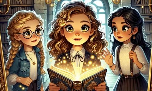 En el centro de la imagen, Clara, una niña de 11 años con cabello rizado castaño y ojos llenos de curiosidad, sostiene un viejo libro abierto que brilla con una luz dorada. A su derecha, Sofía, una niña de cabello rubio trenzado y gafas redondas, mira con asombro las páginas iluminadas. A la izquierda, Lucía, una niña de cabello negro liso y una sonrisa decidida, se mantiene lista, con los brazos cruzados, mostrando una actitud valiente. El escenario es un antiguo edificio misterioso, cubierto de hiedra y con paredes de piedra gris, con ventanas de arco que parecen observar a los personajes. Dentro, espejos antiguos reflejan la luz del libro, creando sombras danzantes en el suelo de madera desgastada. Destellos de luz dorada flotan en el aire, añadiendo una atmósfera mágica. La situación principal muestra a las tres amigas descubriendo el poder del libro mágico, mientras una luz brillante emana de las páginas, iluminando sus rostros asombrados y decididos, listas para abrazar su destino como protectoras de la ciudad.