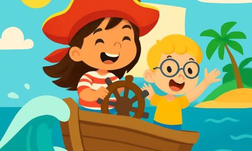 Ein kleines Piratenmädchen, Lina, steht auf ihrem Holzboot, lächelnd und voller Freude. Sie trägt einen großen roten Hut mit einem Tuch, und ihr braunes Haar weht im Wind. Ihre Augen funkeln vor Aufregung, während sie das Steuer festhält. Neben ihr schaut ihr Freund Max, ein 6-jähriger Junge mit blonden Haaren und einer Brille, erstaunt auf eine große Welle, die sich nähert. Er steht auf dem Deck, die Arme erhoben, bereit für das Abenteuer. Das Boot fährt über ein strahlend blaues Meer unter einem sonnigen Himmel mit einigen weißen Wolken. In der Ferne zeichnet sich eine grüne Insel mit Palmen und goldenen Sandstränden ab. Die Szene strahlt eine fröhliche und abenteuerliche Atmosphäre aus. Lina und Max stehen kurz davor, eine große Welle zu überwinden, ihre Gesichter leuchten vor Aufregung und Vorfreude auf das bevorstehende Abenteuer.