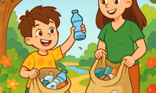 Un niño de 6 años, Lucas, con cabello castaño desordenado y ojos brillantes de curiosidad, sonríe alegremente mientras sostiene una gran bolsa de tela llena de basura que acaba de recoger. Lleva una camiseta amarilla brillante con estampados de flores y un pantalón corto de mezclilla. A su lado, su mamá, una mujer de unos 30 años con cabello largo y castaño, vestida con una blusa verde y pantalones cómodos, lo anima con una sonrisa orgullosa, sosteniendo otra bolsa llena de basura. El lugar es una hermosa reserva natural, con árboles majestuosos de hojas verdes brillantes, flores coloridas que bailan al viento, y un camino de tierra bordeado de arbustos floridos. En la distancia, un pequeño arroyo brilla bajo el sol, y los pájaros cantan en las ramas. La situación principal muestra a Lucas y su mamá limpiando el parque, recogiendo basura para proteger la naturaleza. Lucas, con una mirada decidida y alegre, le muestra a su mamá una botella de plástico que acaba de encontrar, mientras están en un sendero limpio y soleado, rodeados de la belleza de la naturaleza.