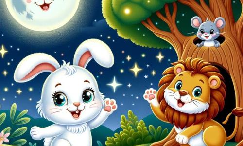 A small rabbit with big ears and white fur, sparkling with curiosity, joyfully dances under the full moonlight. It has a bright smile and its paws are in the air, showing its enthusiasm. Next to it, a golden-furred lion with a fiery mane laughs while hiding behind a large tree, ready to play hide and seek. A little gray mouse with big bright eyes emerges from a hole in the tree trunk, smiling and eager to join the fun. The background features a majestic tree with shimmering green leaves under the moon and a starry sky filled with bright stars. The scene exudes a joyful and magical atmosphere, where the animals play together at night.