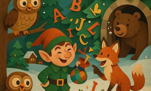 Um duende travesso de chapéu pontudo vermelho e verde, rosto redondo e malicioso, olhos brilhantes, nariz arredondado e sorriso de canto agita um saquinho de cartas coloridas que voam como borboletas; ao lado, Nico, o lobo-guará ruivo e branco, em pé nas patas traseiras aponta para uma carta que cai; à esquerda, Eva a coruja de penas castanhas e olhos grandes empoleirada numa ramificação baixa inclina a cabeça; à direita no chão, Tito o coelho cinza de orelhas grandes ri às gargalhadas com cenouras dançantes; ao fundo, Bruno o urso pardo sai de uma caverna surpreso e divertido com flocos de neve ao redor do focinho; clareira nevada com solo brilhante, pinheiros decorados, luzes e casinhas de madeira; cena festiva de cartas de Natal voando, risos, cores vivas, textura de papel recortado e sombras suaves.