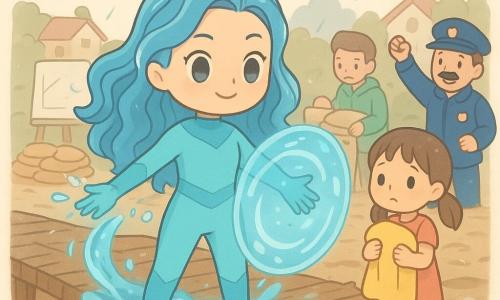 A heroic woman, Ripple Ray, smiling but focused, with pearly blue wavy hair like water and shining silver eyes, wearing a recycled turquoise suit that shifts hue, stands on an old wooden bridge with arms outstretched as translucent blue water whirlpools erupt from her hands to form a shield; a soaked but brave little girl, Mia (about 6), with wet pigtails clutches a large yellow towel at the right edge of the bridge watching Ripple Ray; a teenage friend, Jamal (about 16), in a green raincoat draws plans on a large white board and stacks sandbags near the railing at the bridge's left rear; Police Chief Marlow (about 45), mustached in a navy raincoat, encourages the crowd and helps pass planks behind Jamal on the right; the setting: an old wooden bridge over a muddy river with muddy banks, red‑roofed houses in the distance, gray clouds breaking with sunbeams, puddles and splashes; the situation: a communal battle against rising water—sandbags piled, planks laid, rain easing, Ripple Ray controls the flood with luminous waves while neighbors work together in a warm, heroic atmosphere.