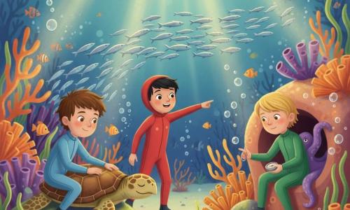 Three boys in wetsuits explore a colorful coral reef: a cautious nine-year-old with tousled brown hair and hazel eyes in a light blue suit sits on an underwater rock gently touching a sleeping brown-and-cream patterned sea turtle; a lively ten-year-old with short black hair and a red cap under his hood in a red suit points to a passing school of silver fish; and a serious eleven-year-old blond in a green suit crouches at a reef crevice receiving a small silver compass from an octopus tentacle, while pale sand, orange and purple fan corals, swaying green algae, swirling multicolored fish, rising translucent bubbles and golden shafts of sunlight complete the calm, wonder-filled scene.