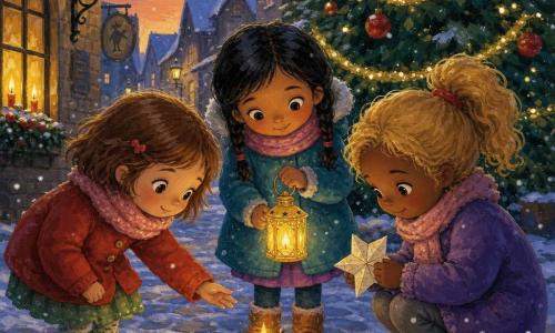 Three five-year-old girls — Mia, short chestnut hair and a red scarf tied like a ribbon on the left reaching toward a tiny flame; Lina, black hair in braids at the center holding a flickering yellow lantern like a firefly; Nora, blonde in a ponytail on the right crouching by a pine cone and holding a folded paper star — stand on a snowy street at dusk with shiny cobbles, warm windows with yellow candles, old street lamps and a large Christmas tree decorated with gold garlands and small red baubles as snow falls; beneath the tree a tiny trembling candle hides behind a pine cone with a small silver bell ringing nearby, and the three girls draw close to warm the flame in a gentle, luminous, protective atmosphere.