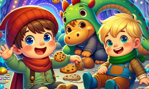 Three little boys, aged three, are happily standing in a colorful cave. Timmy, with brown hair, wears a red hat and smiles while waving. Next to him, Sammy, in blue boots and with blonde hair, laughs while holding a cookie. Finally, Bobby, a little boy with brown hair and a green scarf, is sitting on the ground, laughing heartily. The cave is filled with twinkling lights, smooth stone walls, and colorful crystals shining like stars. In the background, a large, multicolored dragon, Mr. Dragon, lazily stretches, his soft, round eyes looking at the boys with a friendly smile. The boys and the dragon are playing together, laughing and rolling on the ground, with cookies scattered around them. The atmosphere is joyful and magical, filled with laughter and bright colors, illustrating a moment of shared happiness in the fantastical world of Snoozeland.