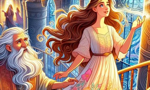 Elira, a woman in her thirties, stands atop a majestic tower, her long wavy hair flowing in the wind. Her face radiates determination, her eyes shining with hope. She wears a light dress adorned with floral patterns that dances around her like a gentle breeze. Beside her is the God of Dusk, a man around 60 with silver hair and a thick beard, exuding wisdom. He looks at Elira with a benevolent smile, extending his hand toward her, offering a small vial filled with sparkling stardust. The setting is a room in the tower, with stone walls adorned with ancient engravings, illuminated by golden light filtering through arched windows. Spiral stairs wind around, leading to mysterious heights. The main scene shows Elira releasing imprisoned souls, sprinkling stardust around her as bursts of light rise into the air, revealing ethereal silhouettes awakening and soaring into the starry sky.