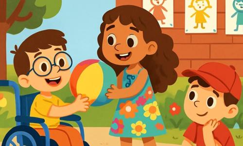 Hay 3 personajes: - Lucas: un niño de 8 años, con cabello castaño y gafas redondas. Está sentado en una bonita silla de ruedas azul, sonriendo alegremente. - Sofía: una niña de 7 años, con cabello rizado y un vestido colorido con flores. Está de pie, sosteniendo una gran pelota multicolor, con una gran sonrisa en su rostro. - Martín: un niño de 7 años, con cabello corto y una gorra roja. Está sentado en el suelo, mirando la pelota con una expresión pensativa, pero feliz de estar con sus amigos. El lugar es un patio escolar soleado, lleno de vegetación. Los árboles con hojas verdes bailan suavemente al viento, y flores coloridas bordean el camino. Al fondo, se ve una gran pared de ladrillos donde están colgados dibujos de niños, añadiendo un toque alegre al entorno. La situación principal muestra a los tres amigos jugando juntos. Sofía lanza la pelota a Lucas, quien la recibe con una gran sonrisa. Martín, sentado en el suelo, los observa con una mirada de aliento, listo para participar en el juego. La atmósfera está llena de alegría y amistad, con risas resonando en el aire.