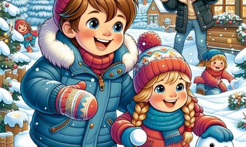 Een 8-jarig jongetje, genaamd Pieter, met kastanjebruin haar en door de kou roze wangen, glimlacht vrolijk terwijl hij in de sneeuw speelt. Hij draagt een dikke blauwe jas, een rode muts en kleurrijke handschoenen, terwijl hij een sneeuwbal de lucht in gooit. Naast hem is zijn 5-jarige zusje Sanne, met lange gevlochten blonde haren en een stralende glimlach. Ze is enthousiast aan het sneeuw verzamelen om een sneeuwpop te maken. Op de achtergrond kijkt hun vader, een man van in de dertig met een bruine baard en een warme glimlach, lachend naar hen terwijl hij zijn handen in de zakken van zijn grote zwarte jas heeft. De scène speelt zich af in een charmant winterdorp, met houten huizen versierd met lichtjes, besneeuwde dennenbomen en een heldere blauwe lucht met witte wolken. De hoofdscene toont Pieter en Sanne die samen plezier hebben in de sneeuw, terwijl ze warme en vrolijke herinneringen creëren in het hart van de winter, omringd door de magie van het seizoen.
