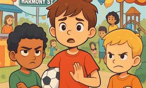 A 10-year-old boy, Jamie, with brown hair and sparkling eyes of curiosity, stands at the center of the scene, looking worried but determined. He wears a bright red t-shirt and blue shorts, holding a soccer ball under his arm. To his right, Samir, a 9-year-old boy with olive skin and curly black hair, looks at Jamie with a frustrated expression, arms crossed. To his left, Lucas, a 10-year-old boy with fair skin and blond hair, appears angry, fists clenched. The scene takes place on Harmony Street, decorated with colorful flags and food stalls, with joyful families in the background. Balloons float in the air, and children play around a large playground. The main situation shows Jamie trying to calm the dispute between Samir and Lucas, with worried faces and expressive gestures, while the other children watch them, curious and attentive.