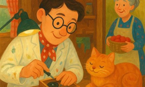 An inventor (Basil) with a gentle face and slightly oversized round glasses, smiling and focused, holds a small screwdriver as he opens a tiny wooden box containing a speaker and colored wires while wearing a paint‑stained smock and polka‑dot scarf, leaning over a wooden workbench lit by an articulated lamp; nearby, Mrs. Dimple, a 60‑year‑old neighbor with gray hair in a bun, a floral dress and apron, stands in the doorway with a basket of apples, amused and slightly behind the bench to the right; a fluffy ginger cat (Marmalade) with half‑closed eyes lies on the inventor’s notebook, tail curled and paw on a small wooden box labeled Nibble‑Nudge, gently blocking a button; the small cozy workshop has wooden walls, shelves of jars, screws, fabric scraps and homemade lamps, a checked curtain showing a blurred garden outside, and the scene is playful and light with soft colors, visible gouache textures and gentle shadows.