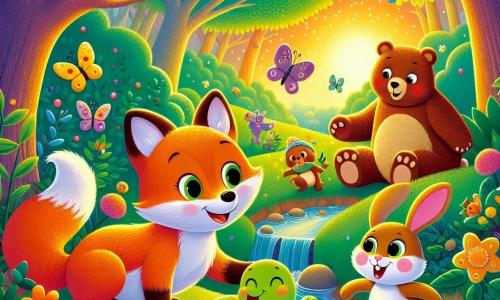 Ein kleiner orangefarbener Fuchs namens Felix mit glänzendem Fell und neugierigen, funkelnden Augen steht fröhlich im Mittelpunkt des Bildes, mit einem breiten Lächeln auf seinem Gesicht. Er streckt eine Pfote zu einem kleinen braunen Bären namens Bruno aus, der ein wenig schüchtern, aber neugierig aussieht, mit weichem Fell und runden, interessierten Augen. Neben ihnen beobachtet eine grüne Schildkröte namens Tilda mit einem farbenfrohen Panzer und weisem Blick die Szene mit einem ermutigenden Lächeln, während ein kleiner weißer Hase namens Hopsi mit großen Ohren und rosigen Wangen fröhlich um sie herumhüpft, voller Energie. Die Szenerie spielt in einem verzauberten Wald, der in goldenes Licht getaucht ist, mit majestätischen Bäumen und lebhaften grünen Blättern, bunten Blumen, die im Wind tanzen, und einem sanften Bächlein in der Nähe. Felix und seine Freunde spielen zusammen, mischen Wettlauf und Verstecken mit Honigtöpfen und feiern ihre Unterschiede, was das Thema Toleranz und Freundschaft veranschaulicht.