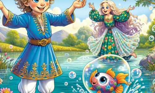 Pe malul unui lac cristalin, un tânăr prinț numit Radu, în vârstă de aproximativ 8 ani, stă pe o piatră, cu un zâmbet larg pe față. Are părul blond și ondulat, o tunică albastră împodobită cu motive aurii și pantaloni albi. Radu sare de bucurie, cu brațele ridicate spre cer, înconjurat de bule de apă strălucitoare. Lângă el, un peștișor, un mic pește cu solzi multicolori, sare din apă, cu ochii strălucind de năzdrăvănie. Nu departe, Zâna Turtită, o vrăjitoare blândă cu părul lung și ondulat de culoare violetă, dansează veselă, purtând o rochie verde cu motive florale și aripi translucide care strălucesc la soare. Ea face gesturi magice pentru a crea bule uriașe care plutesc în aer. Decorul este fermecător: copaci cu frunze aurii înconjoară lacul, iar flori colorate cresc pe mal. Cerul este de un albastru strălucitor, presărat cu nori albi pufoși. Situația principală îi arată pe Radu, pe peștișor și pe Zâna Turtită sărbătorind, râzând și jucându-se cu bulele de apă care explodează în jurul lor, creând o atmosferă veselă și magică.