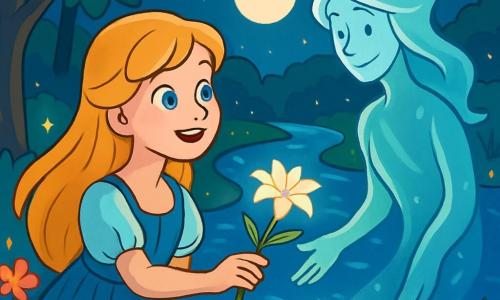 Cinderella, ein Mädchen mit langen goldenen Haaren, steht am Ufer eines wunderschönen Flusses, der im Mondlicht funkelt. Ihr Gesicht strahlt Neugier und Staunen aus, ihre leuchtenden Augen reflektieren die Magie der Nacht. Sie trägt ein einfaches, aber elegantes Kleid, verziert mit zarten Blumen, die im Wind zu tanzen scheinen. Neben ihr schwebt ein Flussgeist, eine ätherische Gestalt mit silbernen Reflexen, sanft über dem Wasser. Sein Gesicht ist sanft und beruhigend, und er lächelt warm zu Cinderella und lädt sie ein, näher zu kommen. Der Ort ist bezaubernd: Der Fluss schlängelt sich durch einen grünen Wald, wo majestätische Bäume mit glänzenden Blättern wie Wächter stehen. Glühwürmchen erleuchten die Luft und schaffen eine märchenhafte Atmosphäre, während bunte Blumen die Ufer säumen und lebendige Farbtupfer in dieses nächtliche Bild bringen. Die Hauptsituation zeigt Cinderella, die eine wunderschöne weiße Lilie, ein Symbol für Frieden und Hoffnung, zum Fluss hin streckt. Das Wasser funkelt um die Blume, und ein sanftes Licht strömt von der Oberfläche aus und offenbart die magische Verbindung zwischen Cinderella und dem Flussgeist.