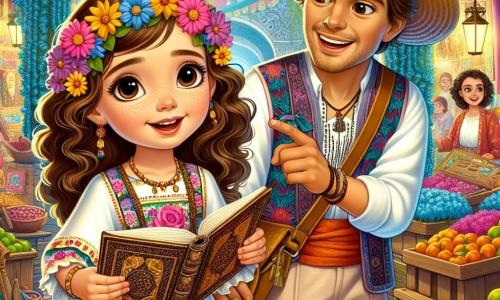 Una niña de 8 años, llamada Sofía, se encuentra en el centro de la imagen, con grandes ojos brillantes de curiosidad y una sonrisa radiante. Tiene el cabello rizado y castaño, lleva un vestido colorido adornado con flores y sandalias. Sofía sostiene un libro antiguo en sus manos, mirando asombrada a su alrededor. A su lado está Miguel, un hombre de unos treinta años, con una gran sonrisa y un sombrero de paja. Lleva una camisa de colores y un pantalón ligero. Miguel señala un camino bordeado de flores azules, mostrando a Sofía la dirección a seguir. El escenario es un mercado vibrante y animado, lleno de puestos coloridos que ofrecen frutas exóticas, especias y artesanías. Guirnaldas de flores decoran los puestos, y gente sonriente se mueve a su alrededor, creando una atmósfera alegre y acogedora. Sofía y Miguel están listos para partir a la aventura, con Sofía sosteniendo el libro misterioso que habla de un tesoro escondido en un país mágico. La emoción y el asombro se reflejan en sus rostros mientras se preparan para explorar este mundo lleno de descubrimientos.