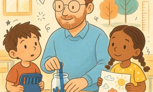 Un maestro de 35–45 años, rostro amable con gafas redondas y barba de varios días, coloca con calma un rotulador azul en un vaso de cristal sobre una mesa de madera clara; a su izquierda, un niño de 7 años, pelo castaño despeinado, sostiene su estuche abierto y mira el vaso con curiosidad; a la derecha, una niña de 6 años con trenzas y vestido amarillo con lunares ofrece tímidamente un dibujo ligeramente arrugado; la clase luminosa tiene grandes ventanas que dejan entrar luz dorada, mesas en semicírculo y un mural trasero colorido; hay pinturas, pegatinas y hojas esparcidas, la escena transmite un momento tranquilo y afectuoso tras la clase, con gestos cuidadosos, tonos pastel vivos y pequeños doodles juguetones.