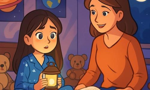 O fetiță de 12 ani, cu părul lung și brunet și ochi strălucitori, stă pe pat, cu picioarele încrucișate, având o expresie curioasă și ușor anxioasă. Poartă un pijama albastru cu stele albe și ține o mică lanternă care îi luminează fața cu o lumină aurie. Lângă ea, mama ei, o femeie de aproximativ 35 de ani, cu părul castaniu și un zâmbet reconfortant, stă pe marginea patului, povestindu-i o poveste. Camera este decorată cu postere de planete și jucării de pluș, cu pereți vopsiți în violet pastel. Lumina lanternei creează umbre dansante pe pereți, în timp ce afară, luna strălucește prin fereastră, adăugând o notă de magie atmosferei nocturne. Fetița caută confort în întuneric, pregătită să înfrunte frica de întuneric cu ajutorul mamei sale.