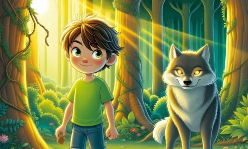 Ein 12-jähriger Junge namens Felix steht mutig am Rand einer Lichtung in einem dichten Wald. Mit zerzausten braunen Haaren, neugierigen Augen und einem entschlossenen Lächeln trägt er ein leuchtend grünes T-Shirt und eine Jeansshorts, während er ein kleines Stück Brot in der Hand hält, bereit, das Unbekannte zu erforschen. Neben ihm steht ein großer Wolf mit leuchtenden Augen und grauem Fell, der mit einem sanften und beruhigenden Ausdruck zeigt, dass er kein Monster ist. Der Wolf neigt sich leicht zu Felix, als wolle er ihm Unterstützung anbieten. Die Szenerie ist ein verzauberter Wald mit majestätischen Bäumen, deren dicke Stämme und leuchtend grünen Blätter goldene Sonnenstrahlen durchlassen, die die Szene erhellen. Bunte Blumen schmücken den Boden und verleihen der Umgebung einen Hauch von Magie. Felix, mit klopfendem Herzen, ist bereit, mit dem Wolf zu sprechen, um die Wahrheit hinter seinem Ruf als "großer böser Wolf" zu entdecken, während der Wolf, obwohl groß und imposant, eine Aura von Weisheit und Geheimnis ausstrahlt und bereit ist, seine Geschichte zu teilen.