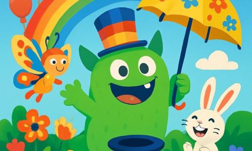 Un grande mostro di nome Gigglo, con una pelle verde brillante, grandi occhi rotondi e orecchie a forma di triangolo, sorride gioiosamente, circondato da un arcobaleno splendente. Indossa un cappello a cilindro colorato e tiene un grande ombrello decorato con fiori. Accanto a lui, Clara, una piccola farfalla dalle ali multicolori, vola allegramente, i suoi occhi brillano di gioia. Bobo, un coniglio dalle grandi orecchie e pelliccia bianca, sta un po' in disparte, ridendo con entusiasmo. La scena si svolge in un giardino incantato, pieno di fiori vivaci, palloncini colorati che fluttuano nell'aria e un cielo blu chiaro punteggiato di nuvole soffici. Gigglo, come mago, prepara uno spettacolo di magia divertente, estraendo sorprese dal suo cappello, mentre tutti i suoi amici ridono e applaudono, creando un'atmosfera di festa gioiosa e magica.