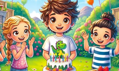 In un giardino soleggiato, Marco, un ragazzo di 8 anni con capelli castani e un grande t-shirt con un motivo di dinosauro, è al centro sorridente con una grande torta di compleanno davanti a lui. Alla sua destra, Sara, una ragazza dai capelli ricci e biondi, indossa un vestito rosa e tiene un regalo brillante, gli occhi pieni di eccitazione. A sinistra, Luca, un ragazzo con capelli corti e neri, indossando una t-shirt blu, alza le braccia in aria, pronto ad applaudire. Infine, Giulia, una ragazza con capelli castani raccolti in due trecce, indossa una t-shirt a righe e tiene un gioco da tavolo, sorridendo felicemente. Il giardino è decorato con palloncini colorati, festoni di carta e un grande tavolo coperto da una tovaglia a motivi vivaci, con piatti di dolci e torte. Sullo sfondo, un albero maestoso offre ombra, e un piccolo coniglio bianco con un grande fiocco rosso, Benny, si trova su un ramo, pronto a fare un trucco magico. La scena principale mostra Marco circondato dai suoi amici, tutti ridendo e cantando "Buon Compleanno", mentre Benny il coniglio, con un grande sorriso, fa apparire fiori colorati con un colpo di zampa, aggiungendo un tocco di magia a questa giornata speciale.