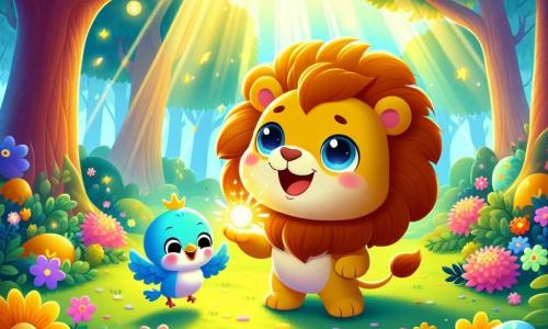 Un piccolo leone di nome Leo, con una criniera dorata e morbida come una nuvola, si trova al centro della scena, con gli occhi brillanti di curiosità e un ampio sorriso sul volto. È circondato da fiori colorati che sembrano danzare intorno a lui, mentre tiene una pietra magica scintillante tra le zampe anteriori. Accanto a lui, un piccolo uccello blu di nome Pio, con piume brillanti e un'aria gioiosa, vola in cerchio attorno a Leo, cantando allegramente. La scena si svolge in un bosco magico, dove gli alberi sono alti e maestosi, le loro foglie brillano sotto il sole e i raggi di luce filtrano attraverso i rami, creando un'atmosfera incantata. Leo e Pio scoprono insieme la pietra magica, simbolo della loro amicizia e della forza del cuore.