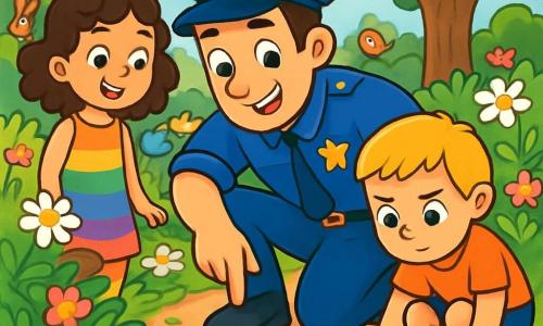 Un poliziotto uomo di circa trent'anni, con una divisa blu brillante, un sorriso caloroso e occhi scintillanti di curiosità, si china attentamente per esaminare delle impronte nel terreno. Accanto a lui, una bambina di 8 anni, con capelli castani e ricci, indossa un vestito colorato e osserva con meraviglia, mentre un ragazzo di 7 anni, con capelli biondi e corti, si accovaccia per vedere meglio le tracce, mostrando un'espressione concentrata. Il luogo è un giardino soleggiato, circondato da fiori colorati, con un grande albero frondoso sullo sfondo e un piccolo sentiero di terra che si snoda tra le piante. La scena principale mostra il poliziotto e i due bambini intenti a indagare, cercando indizi su margherite scomparse, con un'atmosfera di mistero e avventura, mentre piccoli animali curiosi li osservano da lontano.