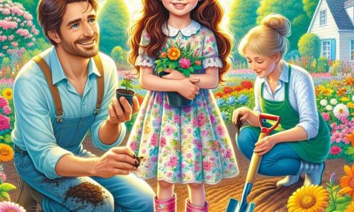 Una ragazza di 11 anni, Sofia, con lunghi capelli castani e occhi pieni di curiosità, si trova al centro di un giardino colorato, un ampio sorriso illumina il suo viso. Indossa un vestito leggero a fiori e stivali di gomma, con le mani piene di terra, mentre pianta semi in un piccolo vaso. Accanto a lei, suo padre, un uomo di circa 40 anni con capelli castani e barba corta, si inginocchia per aiutarla, con un'espressione orgogliosa. Sua madre, una donna di circa 38 anni con capelli biondi raccolti in uno chignon, si trova un po' più lontano, reggendo una pala e guardando la figlia con tenerezza. Il giardino è un vero e proprio quadro primaverile, pieno di fiori dai colori vivaci, farfalle svolazzanti e alberi in fiore, sotto un cielo azzurro chiaro punteggiato di nuvole bianche e soffici. Sofia e i suoi genitori stanno preparando il giardino per il festival di primavera, creando insieme uno spazio gioioso e accogliente, simbolo di rinascita e felicità familiare.