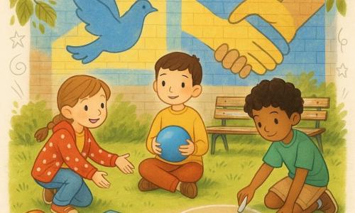 Ci sono 3 bambini: Marta, 8 anni, capelli castano chiaro in treccia, giacca rossa a pois bianchi, accovacciata a sinistra, sorride e tende la mano verso gli altri; Luca, 8 anni, capelli castani corti, maglione giallo, al centro con un pallone blu, propone un gioco con postura calma; Samir, 8 anni, pelle olivastra, capelli neri ricci, t-shirt verde, a destra traccia un cerchio col gesso bianco per organizzare i turni. Luogo: parco urbano soleggiato davanti a un grande murale colorato (toni blu e gialli, colomba stilizzata, mani dipinte), prato verde, panchina di legno consumata e qualche giocattolo sparso. Situazione: i tre trasformano una lite per il pallone in un gioco condiviso, con gesti gentili, sorrisi, pallone condiviso e segni col gesso per i turni, atmosfera luminosa e collaborativa.