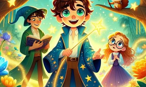 Al centro dell'immagine, Leo, un giovane mago di 10 anni con capelli ricci e occhi verdi brillanti, sorride meravigliato. Indossa una veste blu decorata con stelle dorate e tiene una bacchetta magica scintillante, circondato da foglie fluttuanti. Alla sua destra, Stella, una ragazza di 9 anni con capelli biondi e occhiali rotondi, osserva affascinata i fiori luminosi del giardino. Indossa un vestito viola e tiene un libro di magia aperto, i suoi occhi brillano di eccitazione. A sinistra, Bruno, un ragazzo di 10 anni con capelli castani arruffati, sorride mentre parla a un piccolo scoiattolo magico sulla sua spalla. Indossa una tunica verde ed è pronto per un'avventura. Lo scenario è un giardino incantato, pieno di fiori colorati che brillano sotto la luce dorata del sole al tramonto, circondato da alberi maestosi con foglie scintillanti, mentre un drago amichevole, Fiamma, si riposa al centro. Leo e i suoi amici scoprono questo giardino magico, meravigliati dai poteri dei fiori che emettono melodie incantevoli, mentre il drago li osserva sorridendo, pronto a guidarli nella loro avventura.
