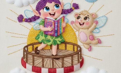 Das kleine Elfemädchen Lila, fröhlich und entschlossen, rundes Gesicht, große blaue Augen, violette Zöpfe, zarte glitzernde Flügel, trägt ein grünes blattähnliches Kleid, hält ein funkelndes Buch an die Brust und lächelt zum Himmel; ihr plüschiger Gefährte Nino (nichtmenschlich) mit ehemals traurigen braunen Augen, jetzt glücklich, beigem weichem Fell und rosa Tupfen, springt daneben und wedelt zur Buch; kein menschlicher Charakter; auf dem Turm ein lutscherähnliches Gebilde aus rot-gestreiftem Stoff und Holz mit runder Plattform, bestickten Geländern, Baumwollwolken und applizierten Blumen, goldenes Abendlicht in Metallfäden; Szene: Lila und Nino haben das große bunte Zauberbuch auf dem oberen Balkon gefunden, dynamische Haltung, klare Gefühle (Freude, Erleichterung), einfache Komposition, kräftige Kontraste und sichtbare Texturen wie Filz, Baumwolle und Nähfäden.