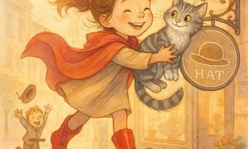 A girl-child, Maya, depicted as a joyful, mischievous about 7-year-old heroine with a bright smile and shining eyes, in a flowing red cape and shiny red boots, playfully snatching a gray-and-white tabby cat perched on a hat shop sign as she lightly spins in midair; a smiling about 6-year-old boy on a small scooter in the left background watches his hat fly off with arms raised; a colorful friendly city street before a hat shop with a large round sign, shiny windows, cobbles, round lampposts and potted flowers; passersby smile; pastel watercolor with grainy textures, fine white-gel pen highlights and warm morning light.