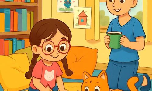 There are 3 characters: - Olivia: a 7-year-old girl with long brown braids and round glasses. She is wearing a pink t-shirt with a cat design and denim shorts. She is sitting on a soft rug, surrounded by colorful cushions, drawing in her notebook. - Mango: an orange cat with green eyes, shiny fur, and twitching whiskers. He is lying next to Olivia, playing with a small ball of yarn. - Mom: a woman in her thirties with brown hair tied in a bun. She is wearing a blue blouse and jeans. She is standing near Olivia, smiling, holding a cup of hot chocolate. The setting is a warm and welcoming room with pastel yellow walls and shelves filled with colorful books. A large window lets in sunlight, illuminating drawings hanging on the wall. A fluffy rug is spread on the floor, and toys are scattered around. The main scene shows Olivia focused on her drawing while her mom smiles tenderly at her, creating an atmosphere of support and love. Mango the cat adds a touch of joy by playing nearby, symbolizing the continuity of family life despite change.