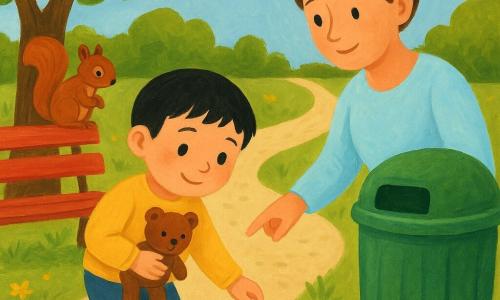 Un niño de 4 años, pelo negro corto, piel clara, ojos redondos y asombrados y sonrisa tímida, sostiene un peluche pequeño marrón contra el pecho mientras recoge una bolsa de plástico blanca del suelo; su madre de unos 30 años, pelo castaño en moño y blusa clara, lo mira con ternura y señala un contenedor verde junto a ella; una pequeña ardilla rojiza en una rama baja observa la escena en un parque urbano de grava beige, césped con flores amarillas, camino curvo y un banco rojo cercano; el niño camina despacio hacia el contenedor para tirar la bolsa, gesto atento, ambiente cálido y momento tranquilo y positivo.