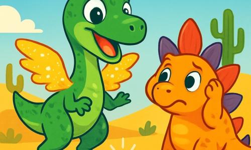 A velociraptor with shiny green scales and sparkling curious eyes, smiling enthusiastically, stands at the center of the image. It has shimmering wings that glisten in the sun. Next to it, a stegosaurus with colorful plates, looking admiringly, observes the velociraptor while scratching its head with a paw. In the background, a desert landscape with golden sand dunes, green cacti, and a bright blue sky. The velociraptor has just discovered a spinning shiny stone and is about to take off, full of excitement and joy.