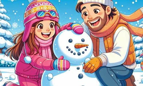 Een 8-jarig meisje, Lisa, met lange kastanjebruine haren en roze wangen, glimlacht vrolijk terwijl ze een sneeuwman bouwt in haar tuin. Ze draagt een felroze skikleding, een wollen muts en kleurrijke handschoenen, en ze is omringd door sneeuwballen. Dichtbij helpt haar vader, een man van in de dertig met een bruine baard en een warme glimlach, haar een grote sneeuwbal te rollen voor het lichaam van de sneeuwman, lachend van blijdschap. De tuin is bedekt met een dikke laag schitterende sneeuw, met bomen met takken vol sneeuw en een heldere blauwe lucht op de achtergrond, wat een magische winteratmosfeer creëert. De belangrijkste situatie toont Lisa en haar vader die samen plezier hebben, lachend en spelend in de sneeuw terwijl ze een sneeuwman maken, wat de vreugde en verwondering van de winter symboliseert.