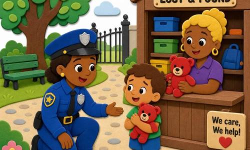 A smiling, kind female police officer in a bright blue uniform with a shiny silver badge kneels and reaches out reassuringly to a boy, Max, about 5 with short brown hair whose worried face brightens as he hugs a red teddy bear, standing to the officer’s right; a woman of about 40, a lost-and-found clerk with tied blond hair, holds the red teddy in front of a small wooden counter with shelves of colorful boxes behind her; the scene is a sunny afternoon park with a large green lawn, a green bench under a big round-leaved oak, gravel paths and a small wooden Lost & Found shed near a gate; main situation: the officer helps the boy recover his red teddy — warm, centered composition, bright colors, simple shapes and bold outlines in a foam-sticker style.