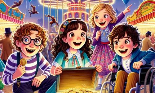 In a vibrant carnival scene, four children stand together in the center of a lively square. Max, an 11-year-old boy with curly hair and glasses, smiles enthusiastically while holding a small golden key. To his left, Lily, an 11-year-old girl in a colorful dress with braided hair adorned with bells, points to a large ride in the background. On the right, Sam, an 11-year-old boy in a wheelchair, looks on with sparkling eyes, his curiosity palpable. Finally, Noah, an 11-year-old boy with brown hair and a carnival-patterned t-shirt, holds a decorated wooden chest revealing sparkling medallions. The location is a brightly lit carnival square filled with colorful stalls selling sweet treats, floating balloons, and festive decorations. Twinkling lights illuminate the night sky as a large ride slowly turns, adding to the joyful atmosphere. The main situation shows the children discovering a hidden treasure in a chest, surrounded by the excitement of the carnival, their faces lit up by discovery and friendship, ready for an unforgettable adventure.