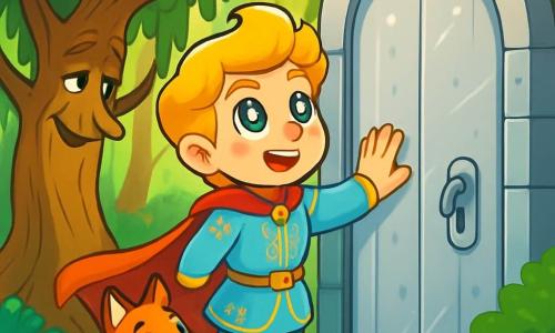 A prince with golden hair and eyes shining like stars stands before a silver door, his face radiating wonder and determination. He wears a sky-blue tunic adorned with golden patterns and a small cloak that gently floats behind him. Beside him, an old willow with graceful branches and lush green foliage seems to listen attentively, its long leaves dancing in the breeze. A clever fox, with red fur and mischievous eyes, stands near the prince, looking curious as if waiting for a sign to move forward. The scene takes place in an enchanted forest, where blue flowers and soft moss cover the ground. Sunlight filters through the branches, creating dancing shadows on the ground. The prince gently places a hand on the silver door, ready to open it. The atmosphere is filled with excitement and magic as he prepares to step into a new world, surrounded by his loyal friends.