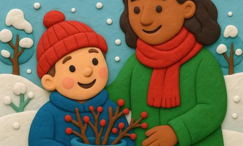 A 4-year-old boy, Tom, with round rosy cheeks, is wearing a red woolen hat and a blue coat. He has an amazed smile and holds a small blue basket filled with decorative branches. His mother, a woman around 30, stands next to him, smiling warmly, wearing a green coat and a red scarf. She is gently placing a hand on Tom's shoulder. They are in a snowy garden, where white snow covers the ground and small trees, creating an enchanting atmosphere. The main scene shows Tom and his mother choosing decorative branches, surrounded by softly falling snowflakes, adding a magical touch to the setting.