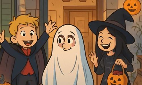 Ci sono 3 personaggi: - Leo: un ragazzo di 9 anni con capelli castani disordinati e occhi curiosi. Indossa un costume da fantasma fatto in casa, con un lenzuolo bianco e fori per gli occhi. Si trova al centro, con un sorriso timido. - Marco: un ragazzo di 9 anni, avventuroso, con capelli biondi e un grande sorriso. È vestito da vampiro, con un mantello nero e denti aguzzi di plastica. Si trova a sinistra di Leo, alzando le braccia con entusiasmo. - Giulia: una ragazza di 9 anni con capelli lunghi e neri, indossa un cappello da strega e un vestito nero decorato con ragnatele. È a destra di Leo, ridendo e tenendo un sacchetto pieno di caramelle. La scena si svolge davanti alla vecchia casa dei Milligan, una casa antica con muri in pietra grigia, finestre con persiane verdi e un giardino invaso dai rovi. Lanterne a forma di zucca illuminano l'ingresso, creando un'atmosfera misteriosa e accogliente. I tre amici, meravigliati e un po' nervosi, stanno entrando nella casa accogliente del Signor Milligan, dove caramelle colorate e decorazioni di Halloween sono disposte su un tavolo di legno.