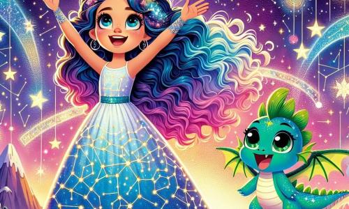 Luna, uma menina de dez anos com cabelos longos e ondulados da cor da noite, com olhos brilhantes como estrelas, está no centro da imagem, com os braços levantados para o céu e um sorriso maravilhado no rosto. Ela usa um vestido cintilante, adornado com padrões de constelações, que parece brilhar sob a luz das estrelas. Ao seu lado, um pequeno dragão chamado Puff, com escamas verdes e asas translúcidas, voa alegremente ao seu redor, com os olhos brilhando de alegria. Puff, que parece um jovem dragão de cinco anos, faz loopings no ar, acrescentando um toque de magia à cena. O cenário é uma paisagem fantástica de um planeta cheio de cores vibrantes, com montanhas flutuantes e rios de luz, sob um céu estrelado onde constelações dançam. Estrelas cadentes cruzam o céu, deixando rastros de luz cintilante. A cena mostra Luna e Puff celebrando a restauração do equilíbrio das galáxias, cercados por luzes brilhantes e magia, simbolizando a harmonia restaurada no universo.