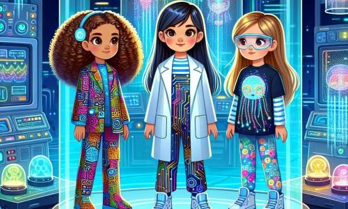 Drie meisjes, Lila, Noor en Yara, ongeveer 10 jaar oud, staan in het midden van een futuristisch laboratorium. Lila heeft krullend bruin haar en draagt een kleurrijke overall met circuitpatronen. Noor, met steil zwart haar, is gekleed in een witte labjas en draagt een veiligheidsbril. Yara, met golvend blond haar, heeft een t-shirt met heldere hologrammen aan. Ze zijn omringd door glanzende machines en zwevende hologrammen die de ruimte verlichten. Het laboratorium is gevuld met futuristische gadgets, met holografische schermen die fonkelende gegevens weergeven en apparaten in verrassende vormen. Kleurrijke lichten dansen op de glazen muren, en bioluminescente planten voegen een vleugje magie toe aan de omgeving. De meisjes ontdekken verwonderd een nieuwe uitvinding, de HoloPort, waarmee ze kunnen reizen in een augmented reality. Ze wisselen opgewonden blikken uit, klaar om zich onder te dompelen in het avontuur dat hen wacht in hun futuristische stad, Neonopolis.