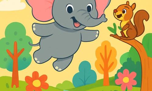 Un elefante feliz llamado Eli, con grandes orejas rosas y una piel gris brillante, flota en el aire, con una radiante sonrisa en su rostro. Sus ojos brillan de emoción mientras vuela sobre un paisaje encantador. A su lado, una pequeña ardilla llamada Luna, con pelaje marrón y una cola en forma de penacho, mira a Eli con asombro, posada en una rama de árbol. El escenario es un bosque mágico, lleno de árboles con troncos coloridos, flores danzantes con pétalos brillantes, y un arroyo centelleante que serpentea por el suelo. La escena principal muestra a Eli, el elefante, elevándose en el cielo, rodeado de nubes suaves y esponjosas, mientras Luna lo anima con gritos de alegría, celebrando su vuelo mágico.