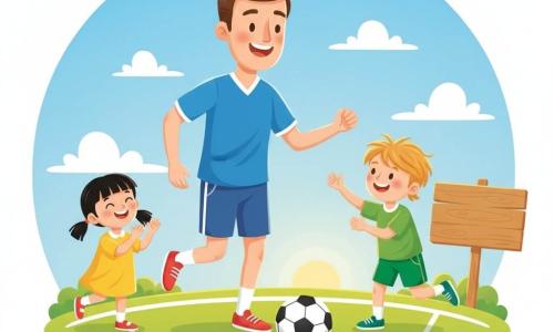 Un uomo alto e sorridente, capelli corti castani, pelle chiara, con maglia blu e scarpe da calcio rosse corre dolcemente con un pallone bianco e nero sotto il piede, guarda benevolo; un ragazzo di circa 9 anni, capelli biondi spettinati, in pantaloncini verdi corre alla sua destra alzando la mano per ricevere il passaggio; una bambina di circa 6 anni, capelli neri in codini, in vestito giallo applaude sul bordo del campo vicino a un cartello di legno; prato piccolo e verde, linee bianche nette, cielo azzurro con qualche nuvola e un sole morbido all'orizzonte; scena di condivisione: l'uomo passa dolcemente al ragazzo, tutti sorridono, atmosfera calma e gioiosa, colori saturi e forme semplici in stile infantile.